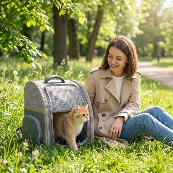 Pet Backpack Carrier, Foldable Pet Carrier Backpack for Mini Dogs Cats Up to 5 kg, with Mesh Window, Grey