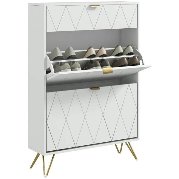 White narrow shoe cabinet with open flip compartments holding multiple pairs of shoes