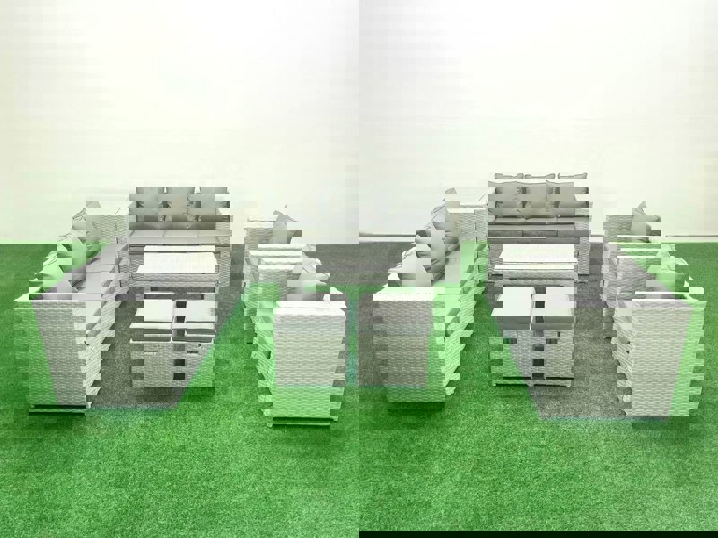 Fimous Outdoor Garden Furniture Rattan Sofa Set with 2 Armchairs Oblong Coffee Table 2 Small Footstools Side Table Light Grey Mixed