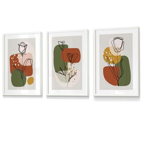 Artze Wall Art Floral Set of 3 Autumn Boho Framed Prints in Orange and Green