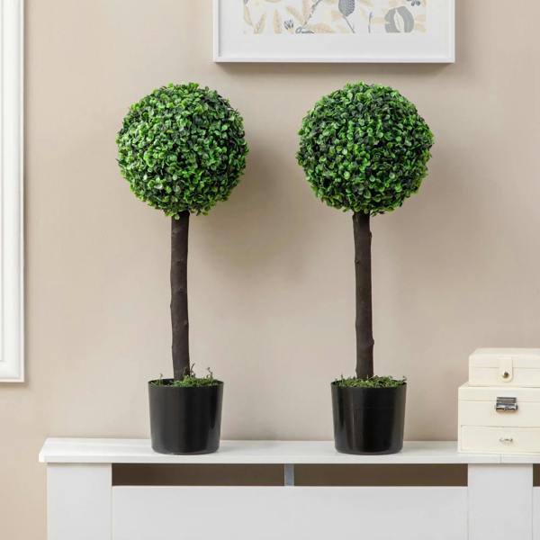 Set of 2 artificial boxwood ball trees with green pom-pom tops in dark pots