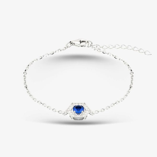 T. H. Baker Sterling Silver Rhodium Plated Stone Set Blue Cubic Zircona Hexagon Bracelet  8.24.7942