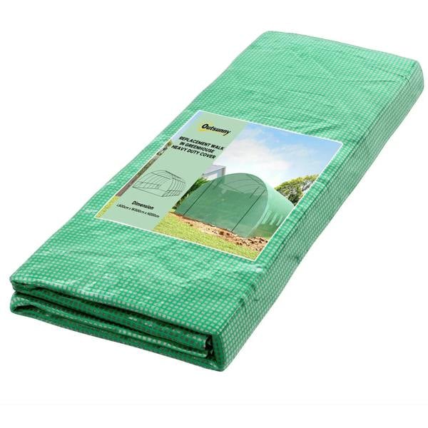 Green greenhouse tunnel cover replacement, folded bundle with product label