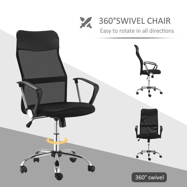 Black mesh office chair with 360° swivel base and curved armrests