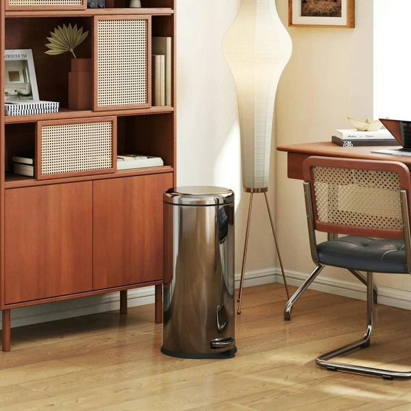 Silver stainless steel pedal bin with round lid and black foot pedal base