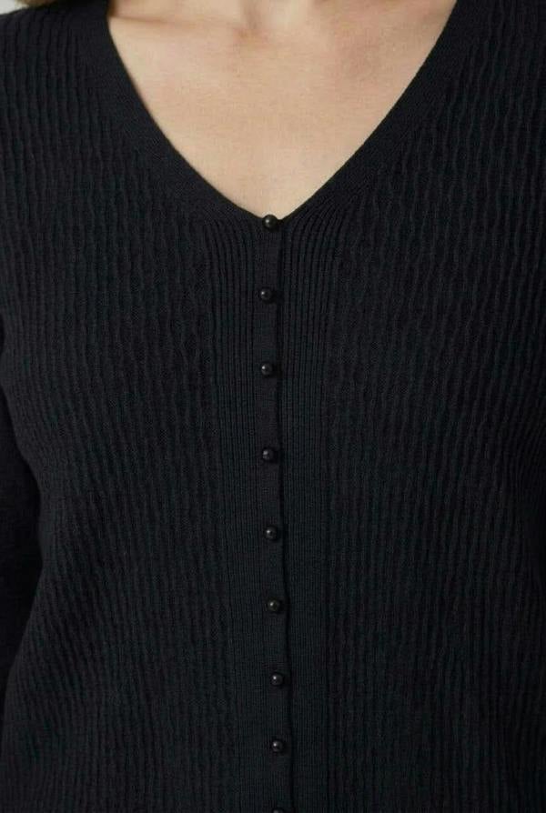 Black | Textured Pearl Detail V-Neck Knit Top