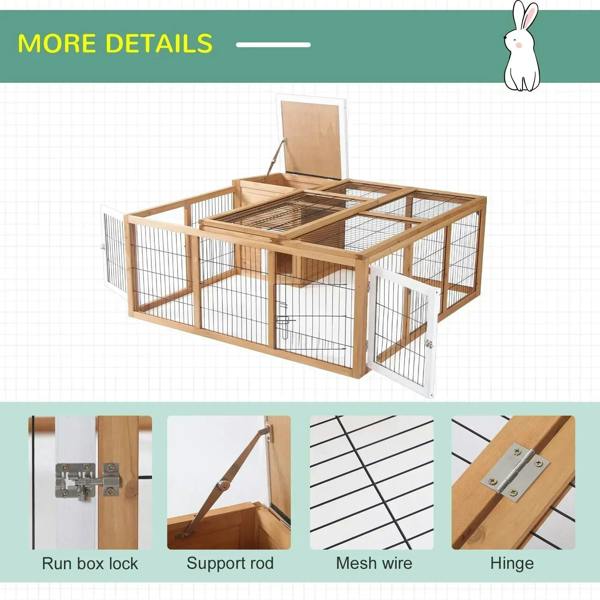 Rabbit hutch run box hardware details with latch, hinge, and mesh wire panels