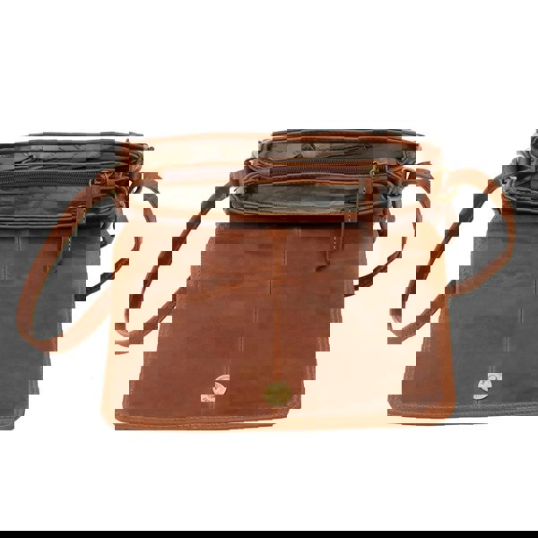 a brown leather bag is seen from above to show multiple compartments. there is a centre zipped section.