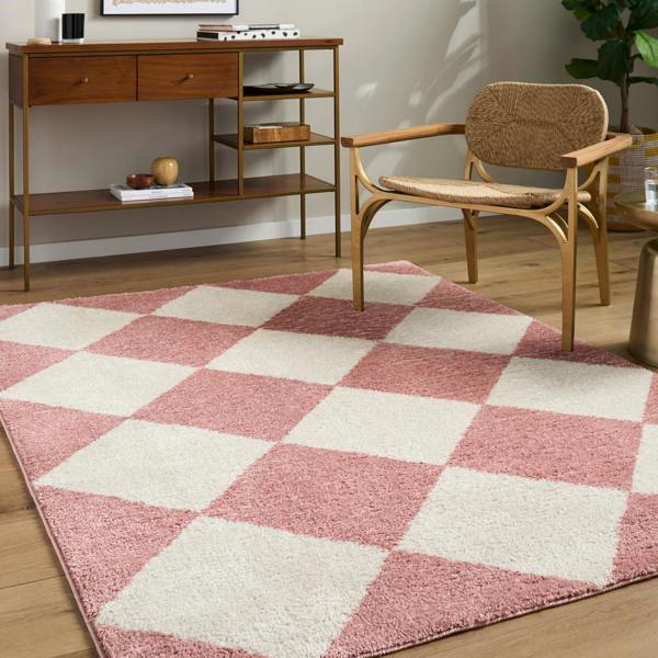 Livabliss Fossay Shag-Washable Pink Ivory Modern High Pile Diamond Pattern Rug