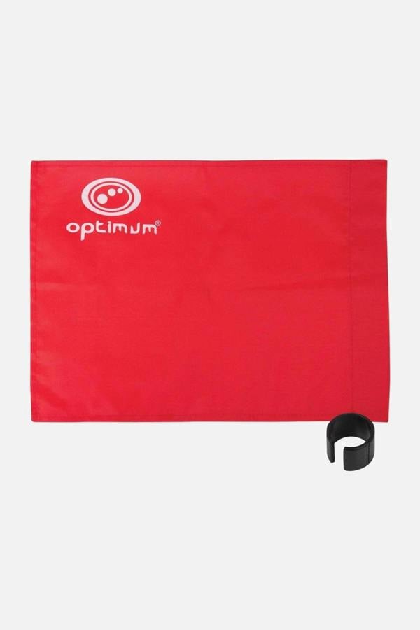 Red Optimum corner flag with white logo and single black clip collar on white - Optimum