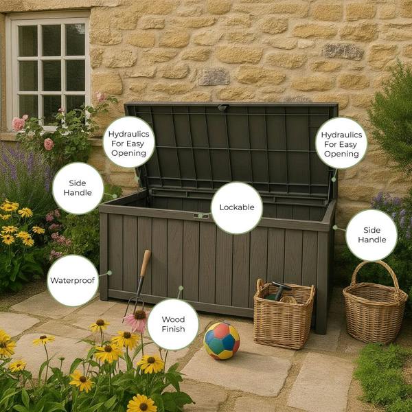 Homeology TUNGSTEN 450 Litre 119 Gallon Waterproof Extra Large Lockable Easy-Open Garden Storage Box in Grey