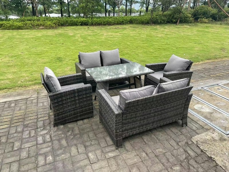 Fimous 6 Seater Outdoor Dark Grey Mixed High Back Rattan Sofa Dining Table Set Garden Furniture