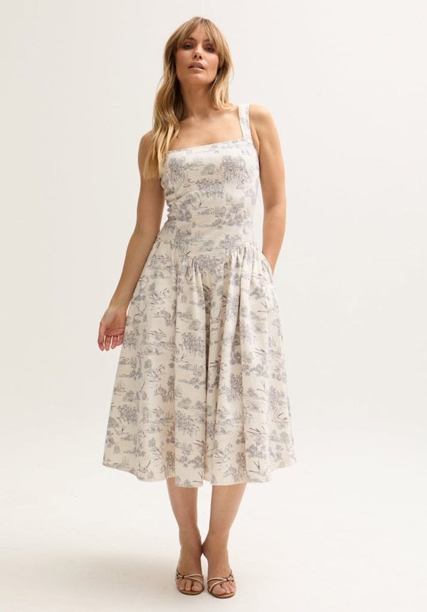 Hayley Corset Inspired Josephine Print Midi Dress In Cream