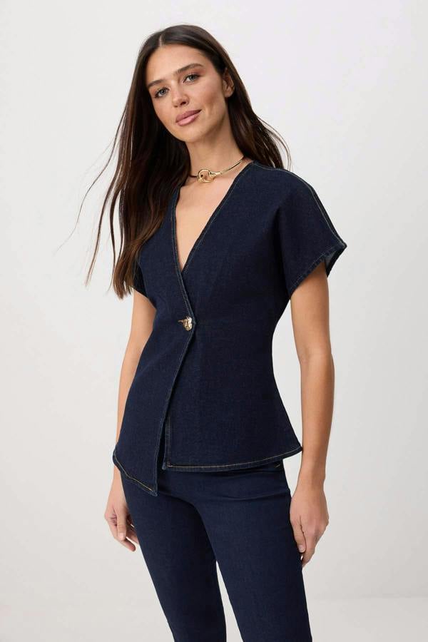 WOVCOR Button Detail V Neck Asymmetric Long Sleeve Blouse
