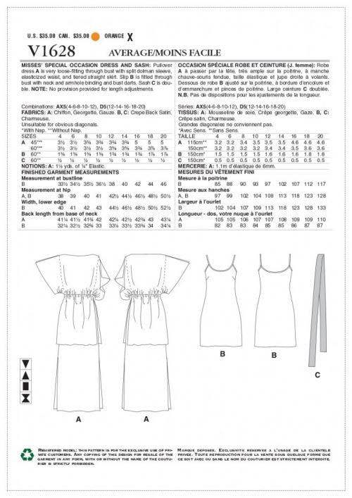 Vogue Sewing Pattern 1628, Dresses for Women, AX5 (4-6-8-10-12) - Intermediate