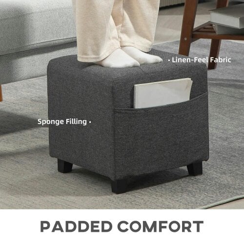 Bobobiy Square Footstool, Small Ottoman with Side Pocket, 35 x 35cm, Grey, 35 x 35 x 35cm