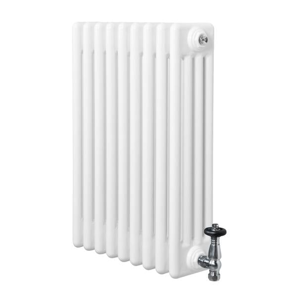 Traditional white 4 column radiator with a smooth finish, featuring a chrome valve and sleek, vertical lines for classic decor