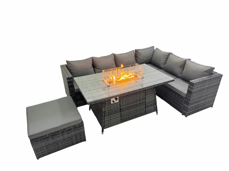 Fimous Garden Rattan Furniture Set 7 Seater Outdoor Corner Sofa Gas Fire Pit Dining Table Set with Big Stool Dark Grey