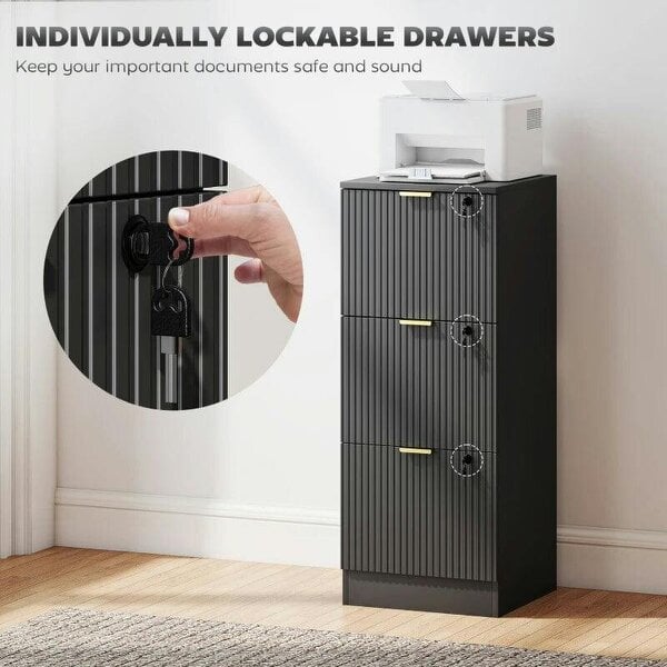 Filing Cabinet, Fluted Vertical File Cabinet with 3 Lockable Drawers and Hanging Rails, Black