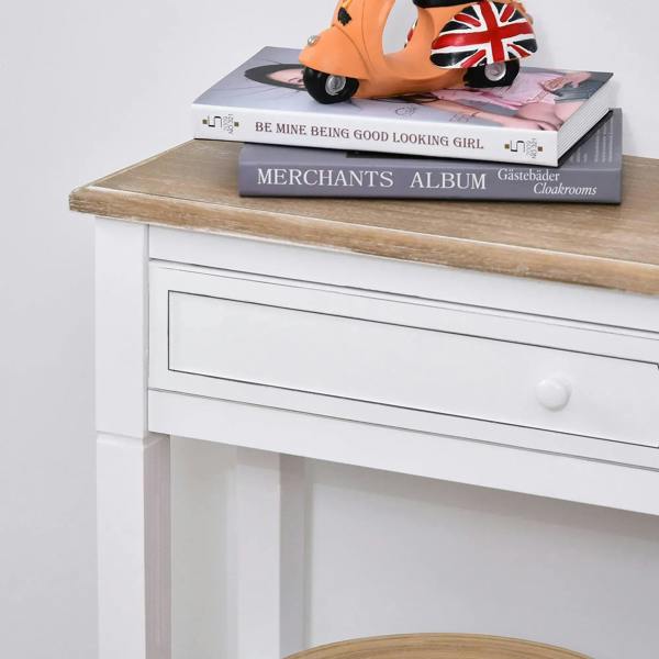 White console table drawer front with round knob and light wood tabletop edge