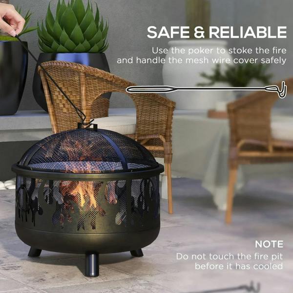 Black fire pit BBQ with dome mesh lid and flame cutout body, including fire poker tool