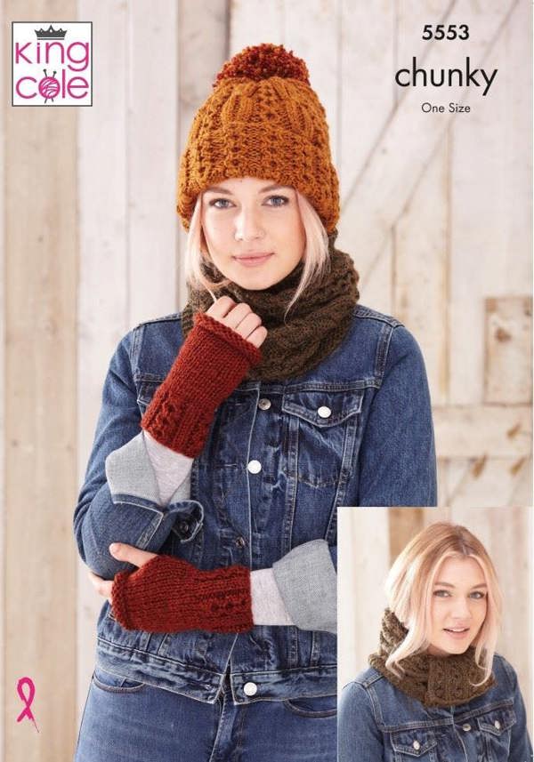 King Cole Big Value Chunky Knitting Pattern 5553, Scarves, Headwear, Gloves for Women, One Size