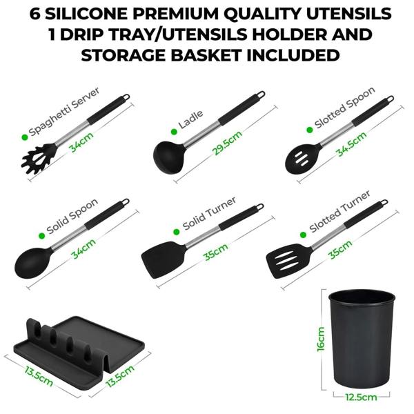 Top 3 8 Piece Silicone Kitchen Utensil Set with Storage Bucket Black