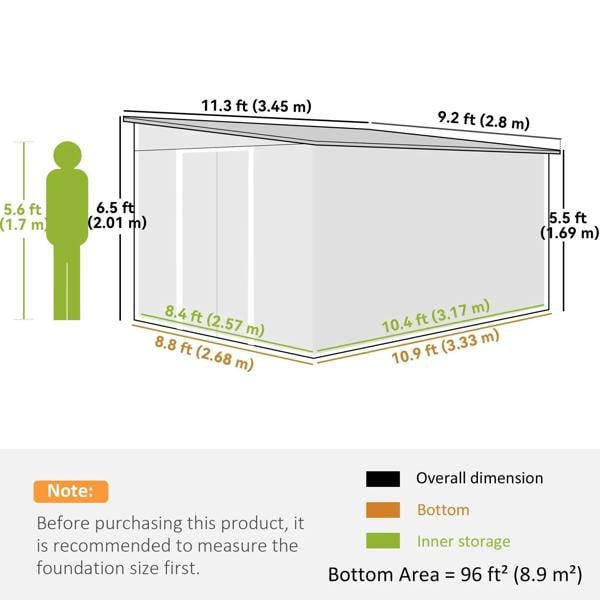 Metal shed size diagram with roof and base measurements in meters and feet