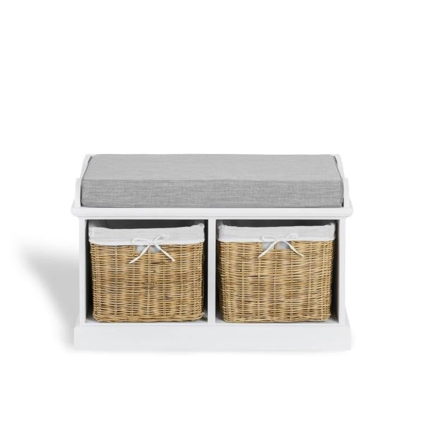 Statement Furniture Tetbury White Storage Bench with Natural Wicker Baskets and Grey Cushion