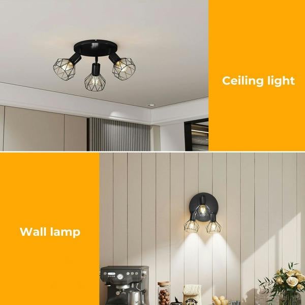 EMITTO 3-Way Spotlight Ceiling Light Adjustable Vintage Black E14 Metal Fixture