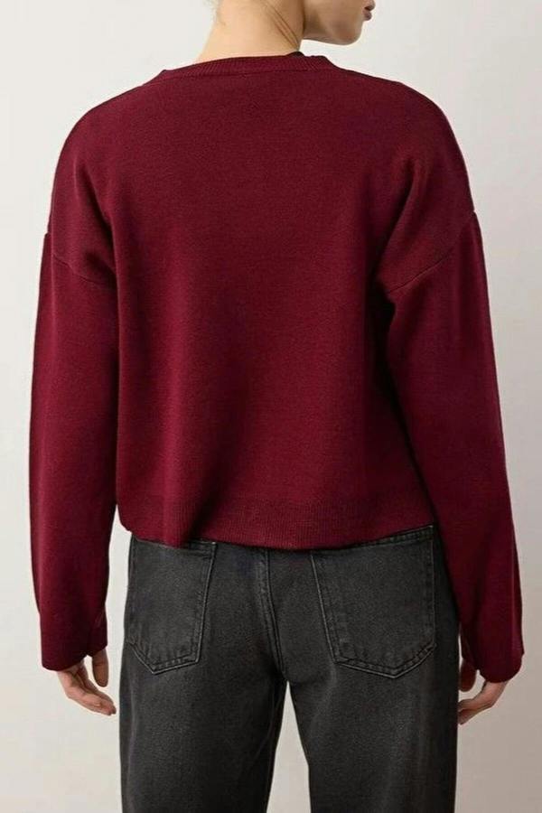 WOVCOR Crew Neck Knit Cardigan with Teddy Bear Embroidery