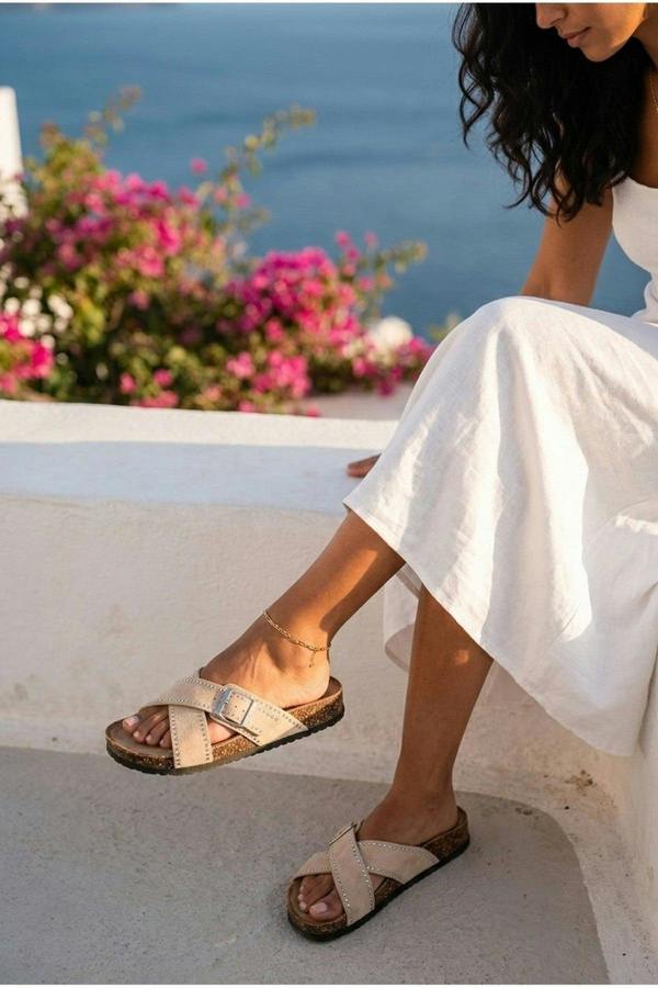 Ruby Womens Studded Criss Cross Slide Sandals - Beige