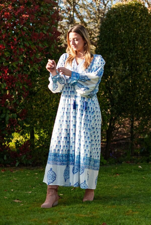 AMELIA FLOATY SLEEVE WOODBLOCK PRINTED COTTON VOILE DRESS