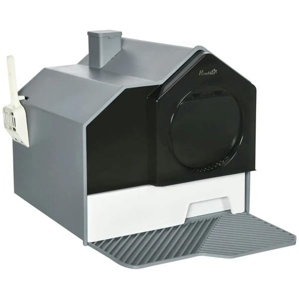 Grey enclosed cat litter box with hooded front entrance and drawer base, includes scoop.