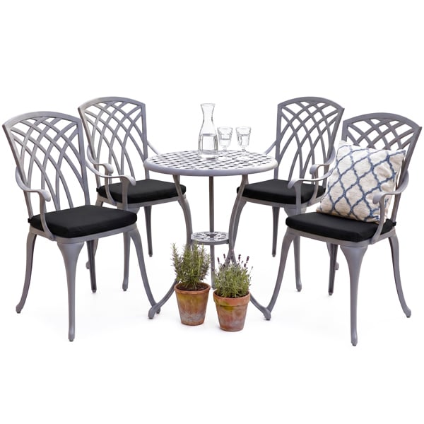 Centurion Supports OSHOWA Luxurious Garden and Patio Table and 4 Large Chairs with Armrests Cast Aluminium Bistro Set - Grey with Black Cushions
