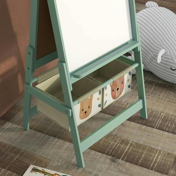 Green kids art easel with open lower shelf and animal-printed storage bins