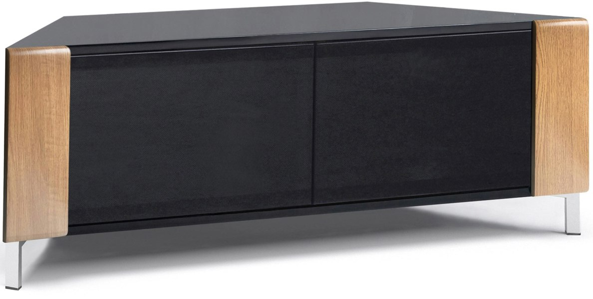 MDA Designs CORVUS Corner-Friendly Gloss Black Contemporary Cabinet with Oak Profiles Black BeamThru Glass Doors for Flat Screen TVs up to 50"
