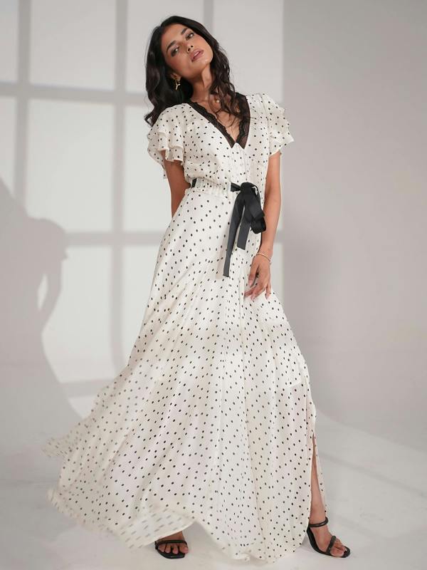 Rose & Nancy Chloe Ivory Spot Print Lace Detail Tie Waist Maxi Dress
