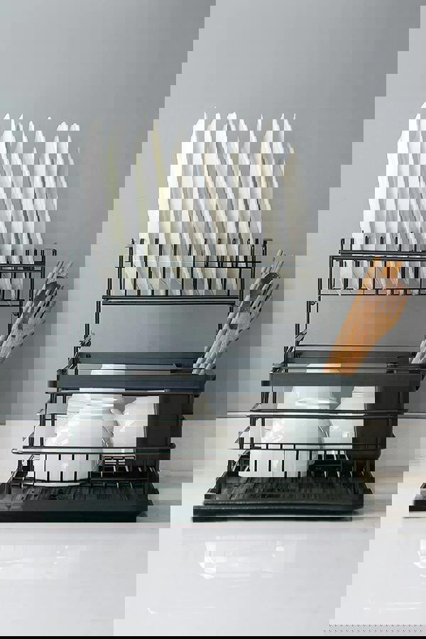 Living and Home Kitchen 2-Tier Metal Dish Drainer Rack Detachable Storage Drip Tray Sink Washing Plates Draining Board - Black