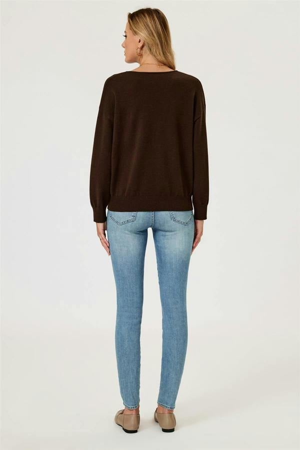 FS Collection Heart Embroidered Knit Jumper Top In Brown