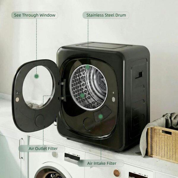 4kg Vented Tumble Dryer with 5 Drying Mode, 800W Compact Freestanding Front Tumble Dryer, Black