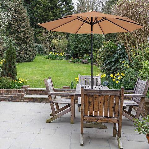 GlamHaus Garden Parasol Solar LED 2.7M ,Tilting Table Umbrella with Crank Handle, Protection UV40, Includes Parasol Cover- Sand