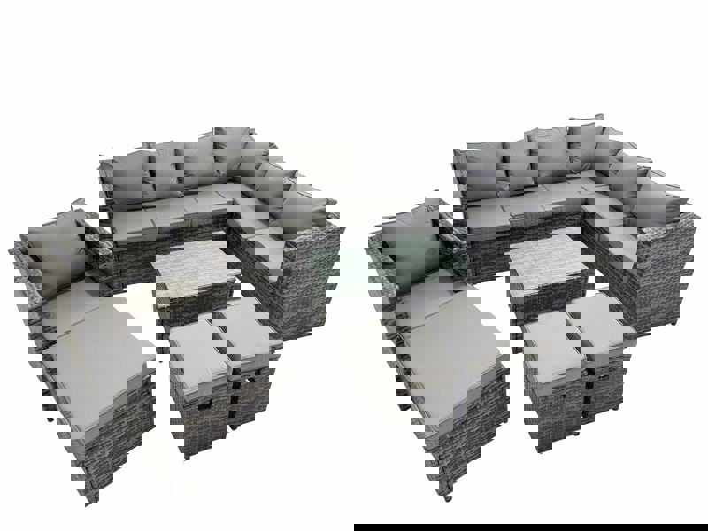 Fimous Patio Sofa Oblong Coffee Table Set Rattan Garden Furniture Set with 3 Stools Chair Dark Grey Mixed