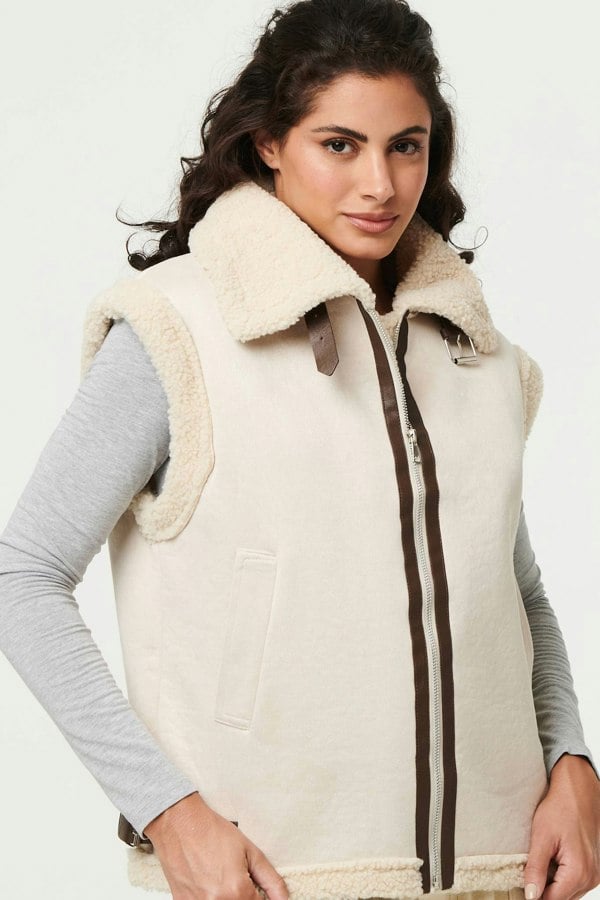 Ivory | Faux Suede Fur Lined Sleeveless Gilet
