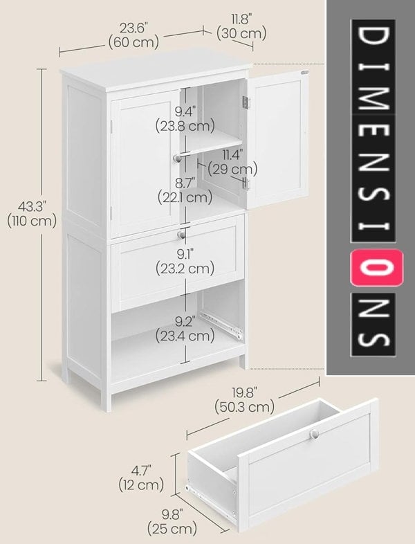Modcraft White Bathroom Storage Cabinet – Kitchen Cupboard with 2 Drawers, 2 Doors & Adjustable Shelf, 110cm Tall