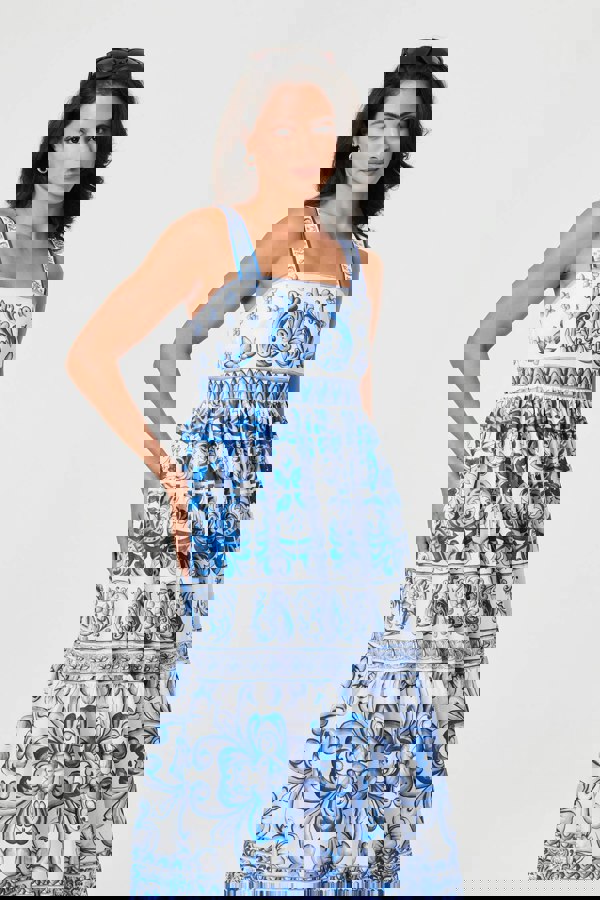 Blue | Mosaic Print Wide Strap Midi Sun Dress
