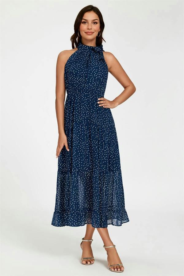 FS Collection Dot Print Halter Neck Maxi Dress In Navy