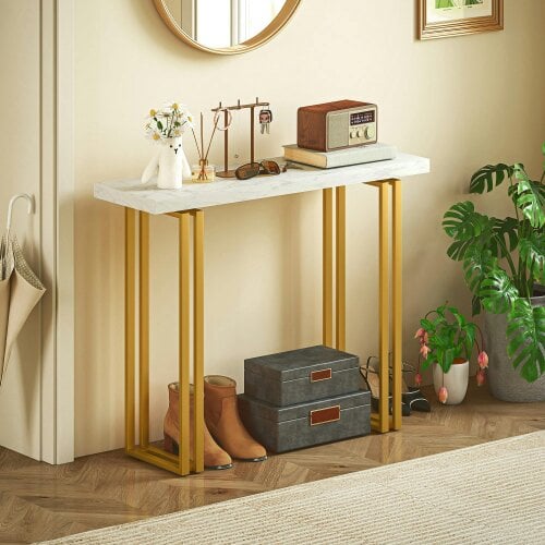 Wyld Haus Mahota Metal And Faux Marble White Slim Entryway Console Table With Safety Bracing