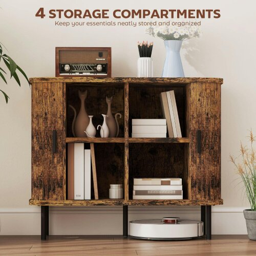 Wyld Haus Lasa Rustic Brown Mid Century Sideboard With Slatted Sliding Doors And Steel Legs