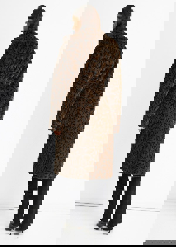 Gini London Chocolate Leopard Print Premium Faux Fur Belted Coat